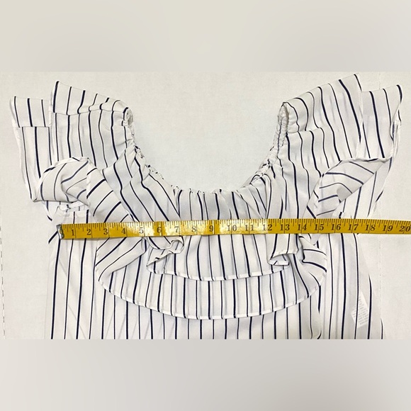 She + Sky Womens L White Blue Stripe Ruffle Flowy Crop Top Boho Y2K Maximalist - Picture 9 of 14